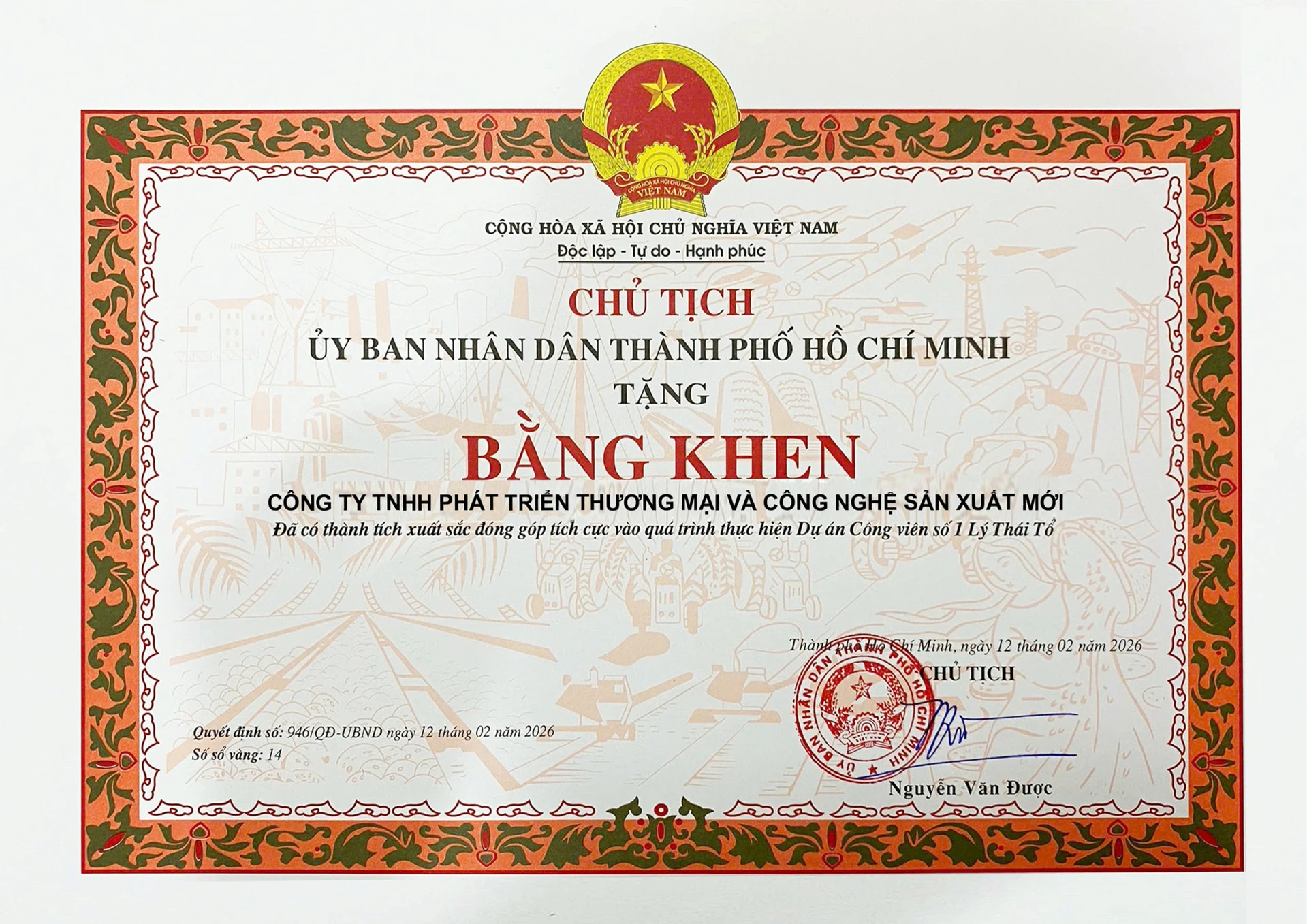 Bằng khen vinh danh NPT thi công hạ tầng nhạc nước tại Công viên Lý Thái Tổ