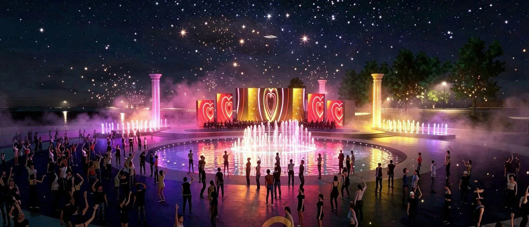 Nhạc nước công viên Trung Văn Đại Mỗ với dải phun hai bên quảng trường