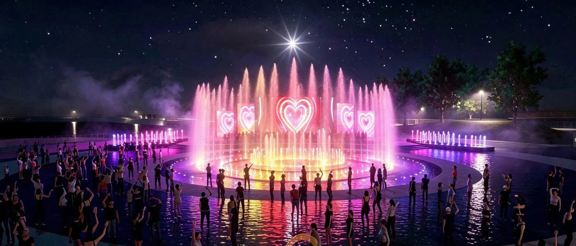 Nhạc nước công viên Trung Văn Đại Mỗ với vòng cung cột nước cao phát sáng