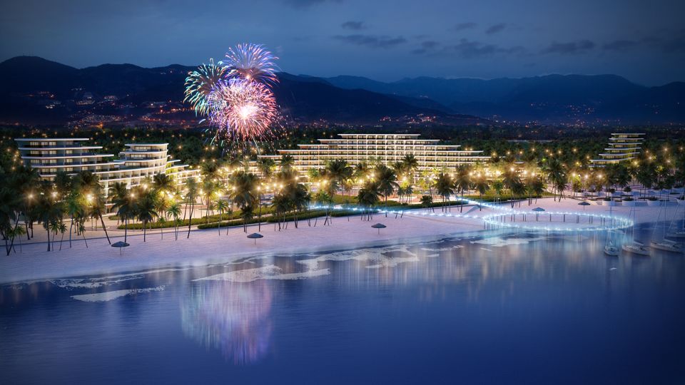 Đài phun nước bao quanh tượng Quan Âm tại FLC Quy Nhơn trong giai đoạn thi công