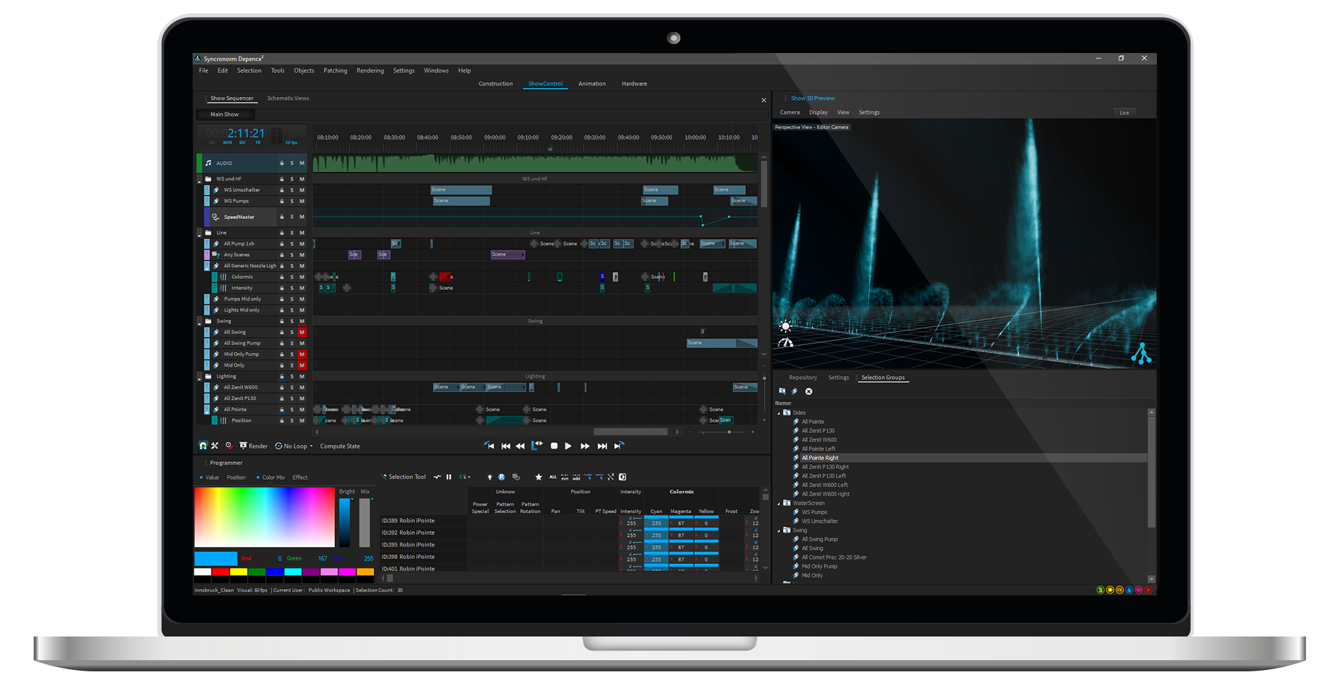 Mô phỏng kịch bản nhạc nước 3D kết hợp trục thời gian Timecode SMPTE