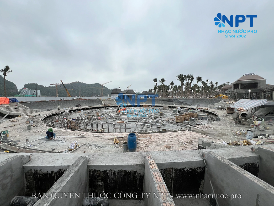Toàn cảnh hoàn thiện nhạc nước Xanh Island Cát Bà với cột nước, tia vòm và thác tràn